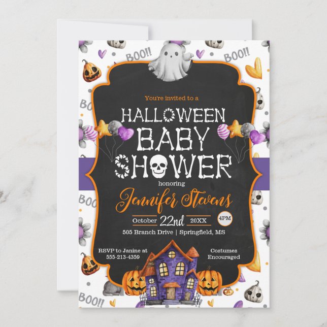 Invitación de Baby Shower de Halloween Watercolor  (Anverso)