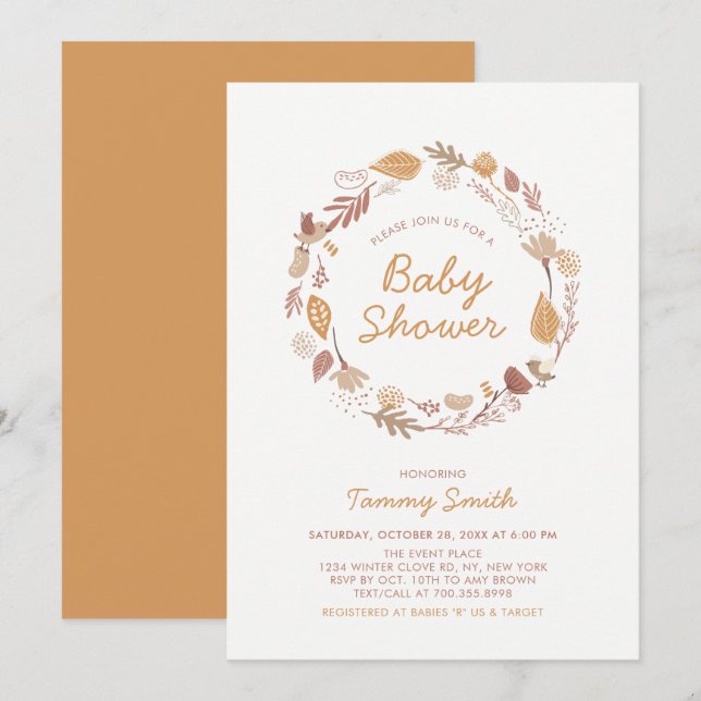 Invitación de baby shower de hojas de otoño/primav (Anverso / Reverso)