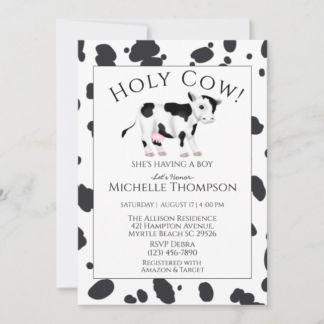 Invitación de Baby Shower de Holy Cow Print Boy (Anverso)