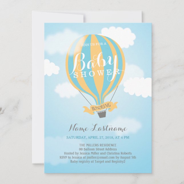 Invitación de Baby Shower de Hot Air Balloon Boy B (Anverso)