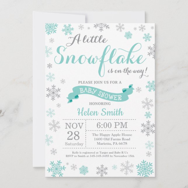 Invitación de Baby Shower de Invierno Aqua Copo de (Anverso)