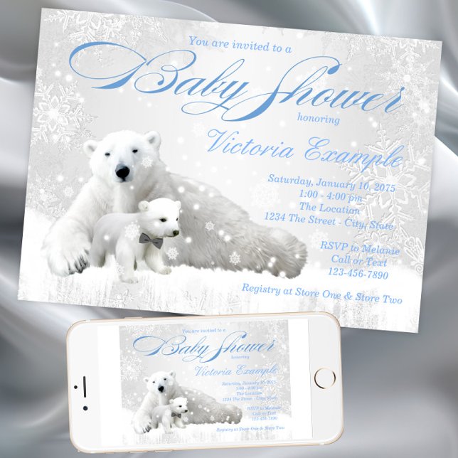 Invitación de Baby Shower de invierno de oso polar (Cute Polar Bear Winter Baby Shower Invitation. Instant download and print invitations available.)