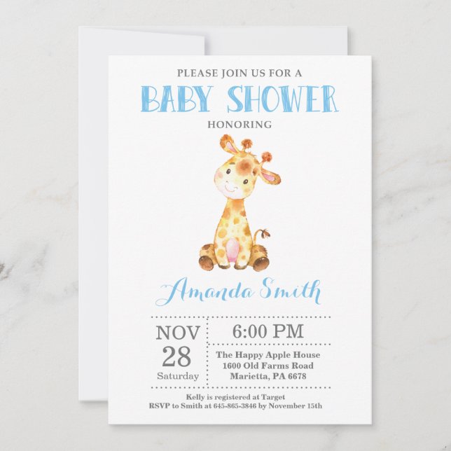 Invitación de Baby Shower de Jirafa Azul y Gris (Anverso)