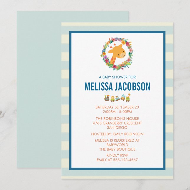 Invitación de Baby Shower de Jirafa Linda con Coro (Anverso / Reverso)