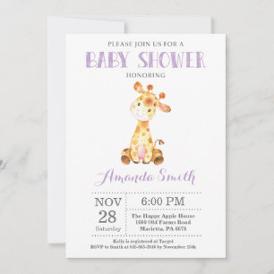 Invitación de Baby Shower de Jirafa Morado y Gris