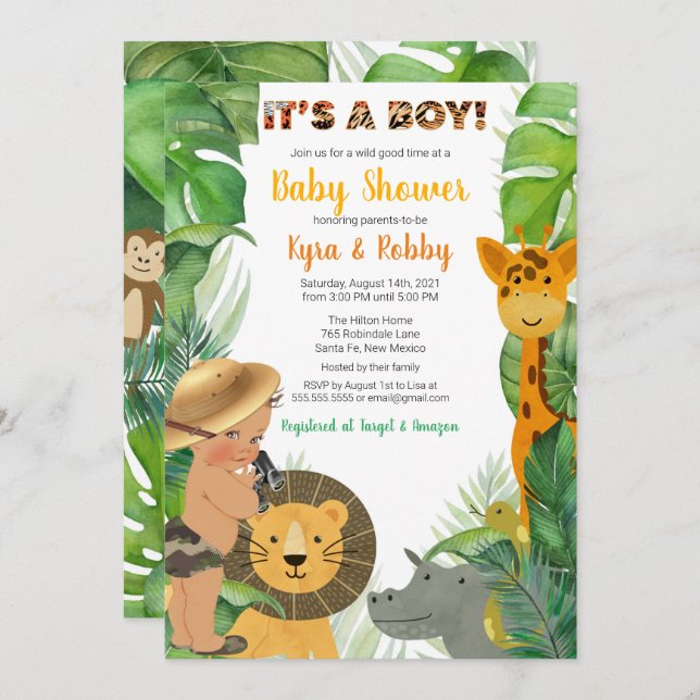 Invitación de Baby Shower de Jungle Safari Animals (Anverso / Reverso)