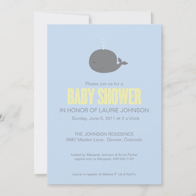 Invitación de Baby Shower de la ballena (Anverso)