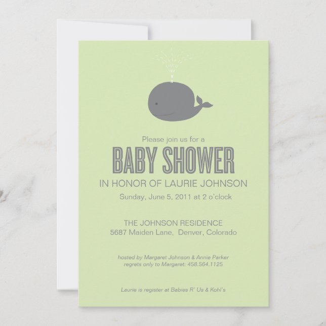 Invitación de Baby Shower de la ballena (Anverso)