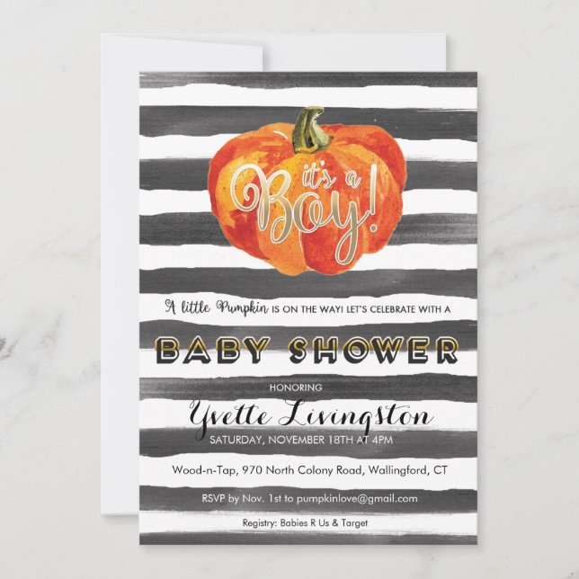 Invitación de Baby Shower de la calabaza de la (Anverso)