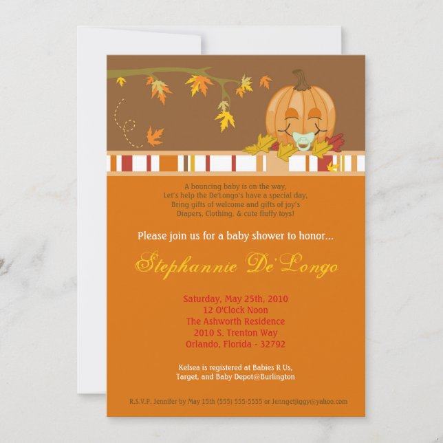invitación de Baby Shower de la calabaza de la (Anverso)