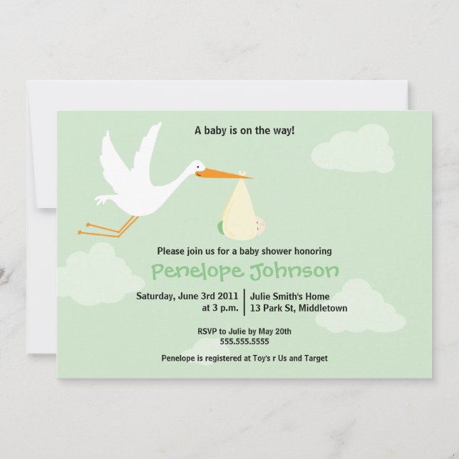 Invitación de Baby Shower de la cigüeña - (Anverso)