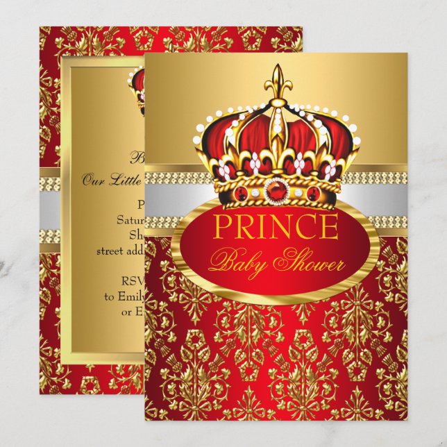 Invitación de Baby Shower de la Corona Roja Real (Anverso / Reverso)