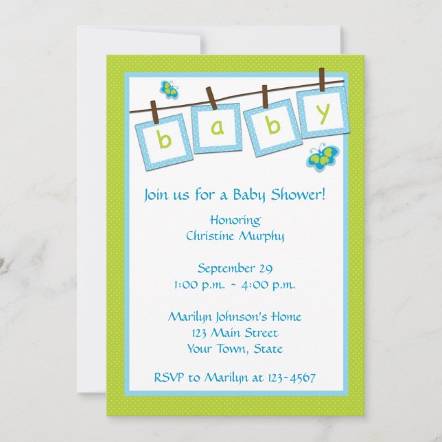 Invitación de Baby Shower de la cuerda para tender (Anverso)