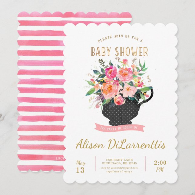 Invitación de Baby Shower de la fiesta del té (Anverso / Reverso)