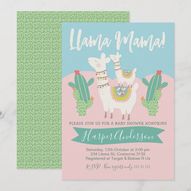 Invitación de Baby Shower de la llama y del cactus (Anverso / Reverso)