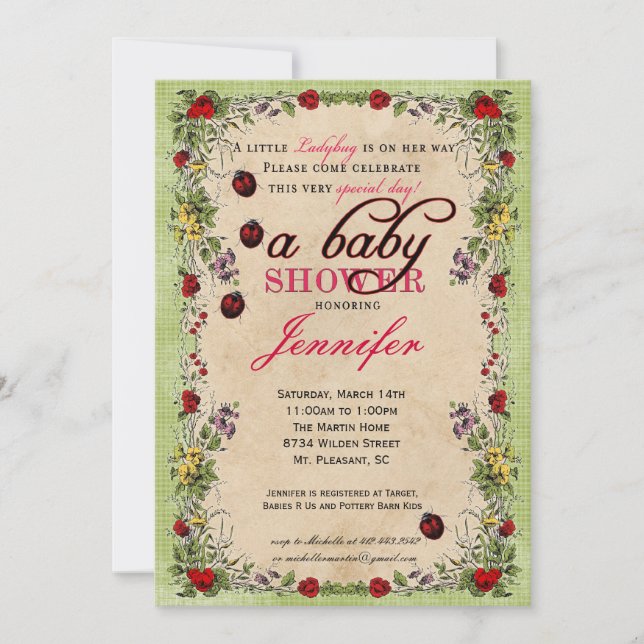 Invitación de Baby Shower de la mariquita (Anverso)