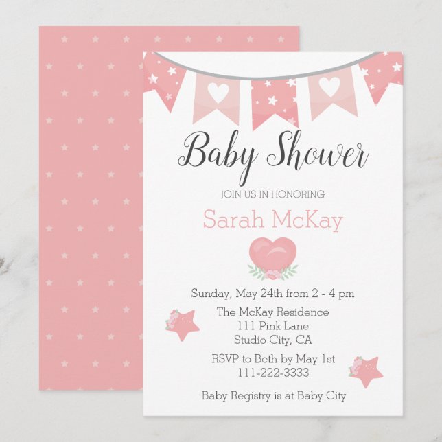 Invitación de Baby Shower de la niña de corazón ro (Anverso / Reverso)