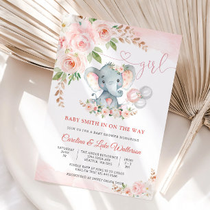 Invitación de Baby Shower de la niña elefante flor