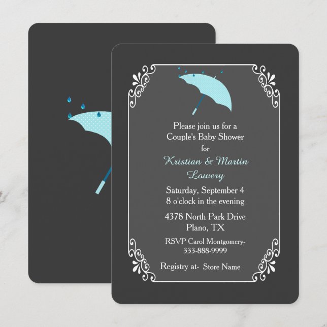 Invitación de Baby Shower de la pareja azul de par (Anverso / Reverso)