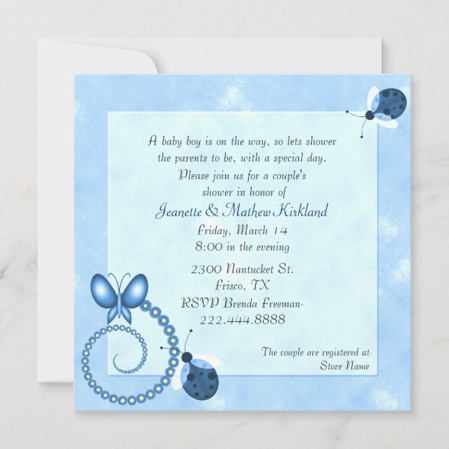 Invitación de Baby Shower de la pareja de bugs azu (Anverso)