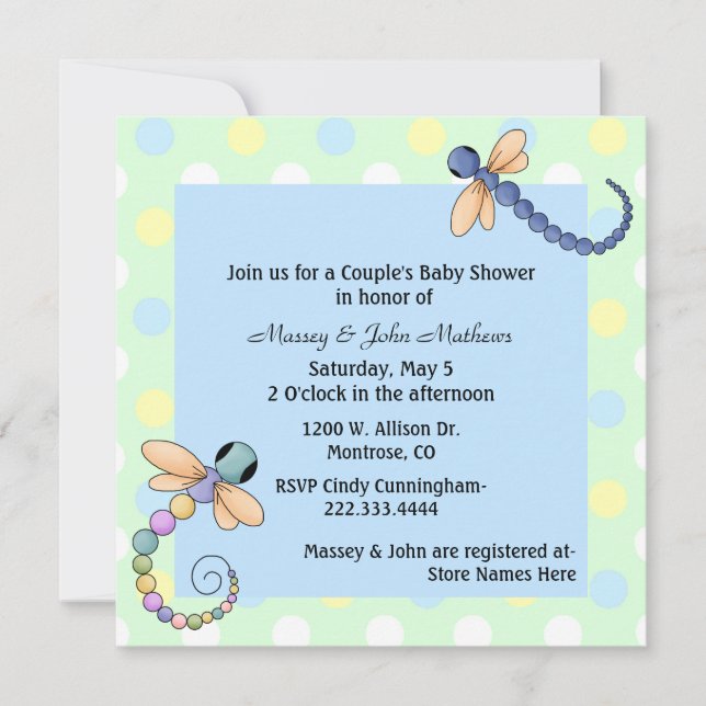Invitación de Baby Shower de la pareja Dragonflies (Anverso)
