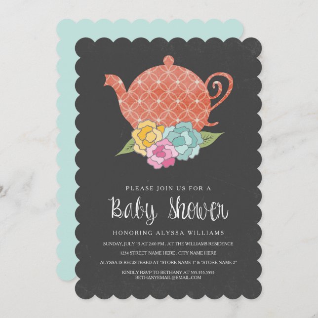 Invitación de Baby Shower de la tetera de la (Anverso / Reverso)
