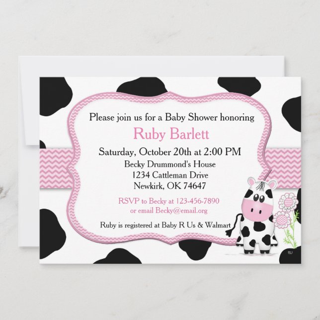 Invitación de Baby Shower de la vaca del chica con (Anverso)