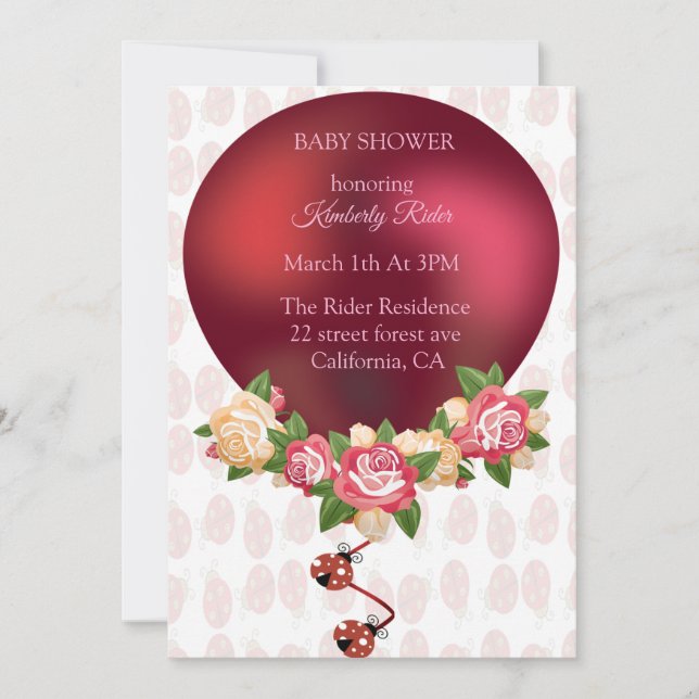 Invitación de Baby Shower de Ladybug Red Roses (Anverso)