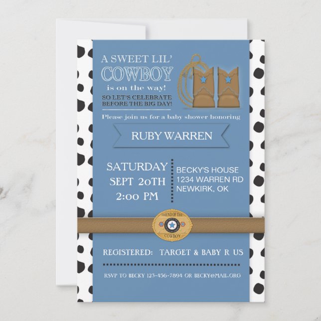 Invitación de Baby Shower de las botas de vaquero (Anverso)