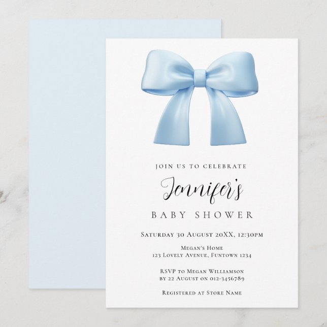 invitación de baby shower de lazo azul (Anverso / Reverso)