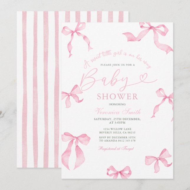 Invitación de baby shower de lazo rosa (Anverso / Reverso)
