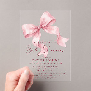Invitación de baby shower de lazo rosa acuarela li