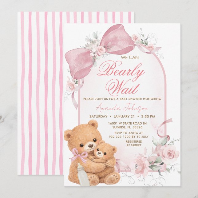 Invitación de Baby Shower de lazo rosa Bearly Wait (Anverso / Reverso)