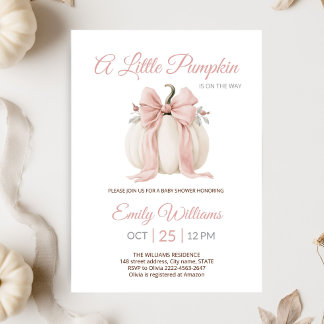 Invitación de baby shower de lazo rosa calabaza el
