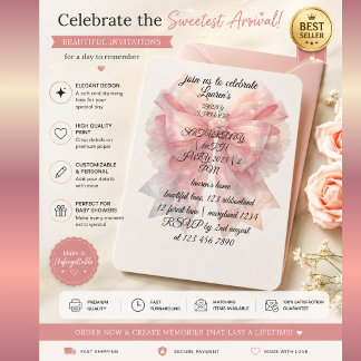 Invitación de baby shower de lazo rosa de lujo | F