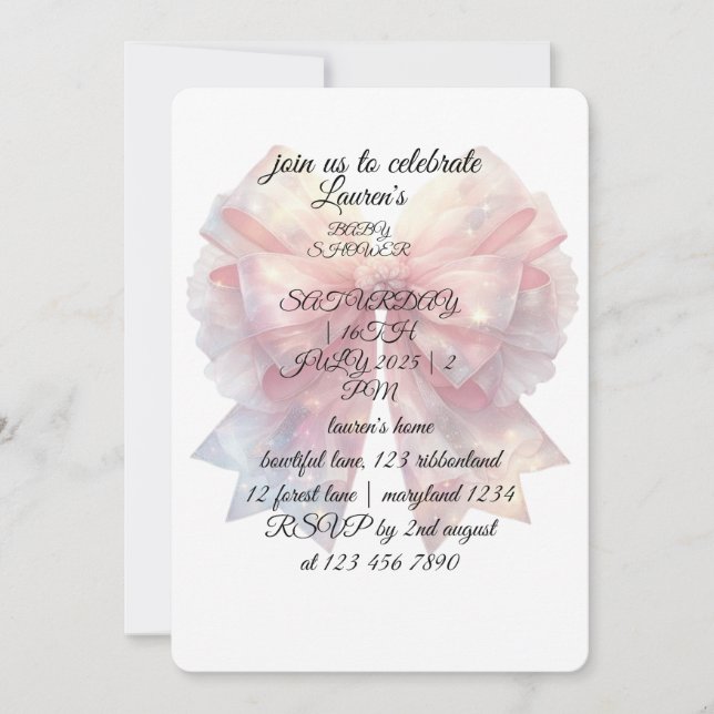 Invitación de baby shower de lazo rosa de lujo | F (Anverso)
