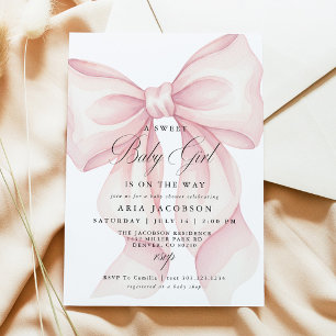 Invitación de baby shower de lazo rosa, dulce bebé