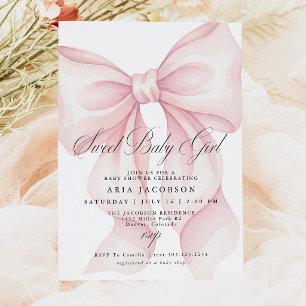 Invitación de baby shower de lazo rosa, dulce bebé