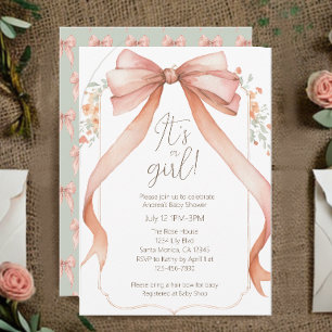 Invitación de baby shower de lazo rosa Es una niña