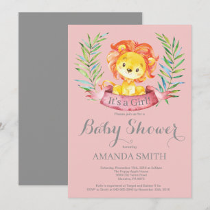Invitación de Baby Shower de León Bebé Niña Rosa y