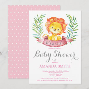 Invitación de Baby Shower de León Bebé Niña Rosa y