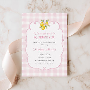 Invitación de baby shower de limón con gingham ros