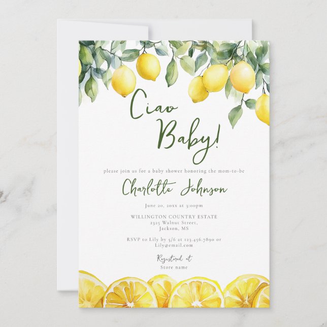 Invitación de Baby Shower de Limón en Acuarela (Anverso)