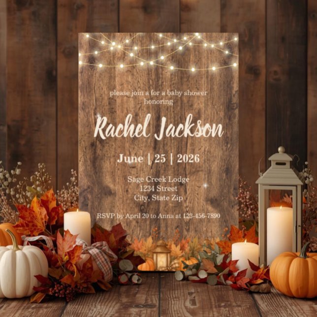 Invitación de Baby Shower de Linterna de Calabaza  (Cozy rustic fall baby shower invite with pumpkins, lanterns & autumn woodland charm.)
