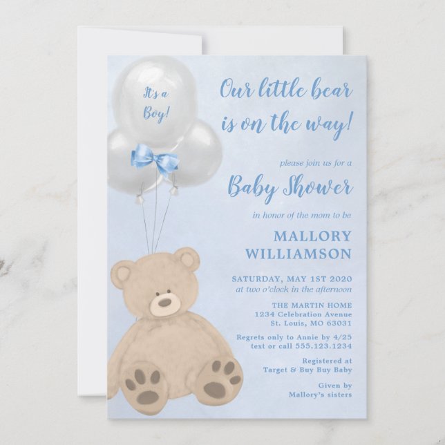 Invitación de Baby Shower de Little Bear Cub Boy (Anverso)