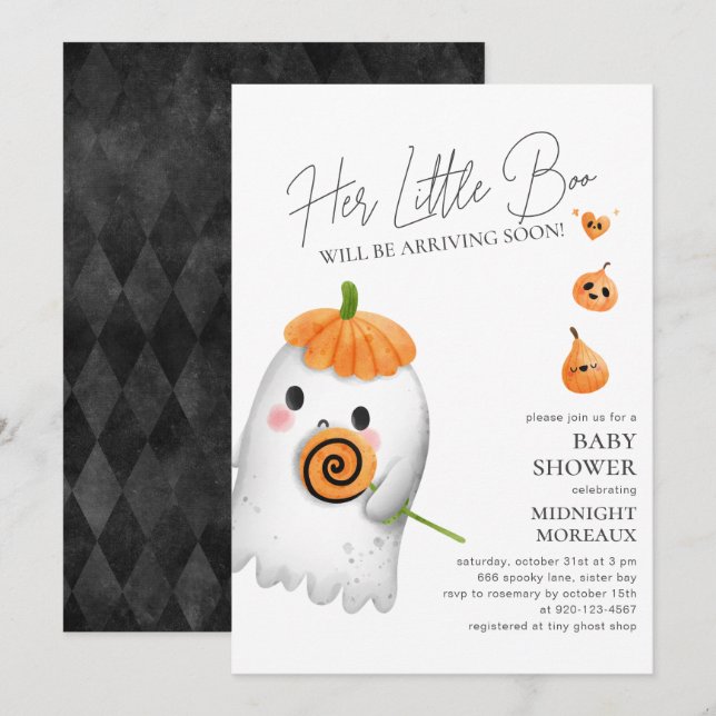 Invitación de Baby Shower de Little Boo Halloween (Anverso / Reverso)