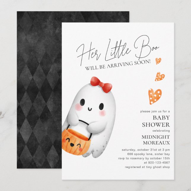 Invitación de Baby Shower de Little Boo Halloween (Anverso / Reverso)