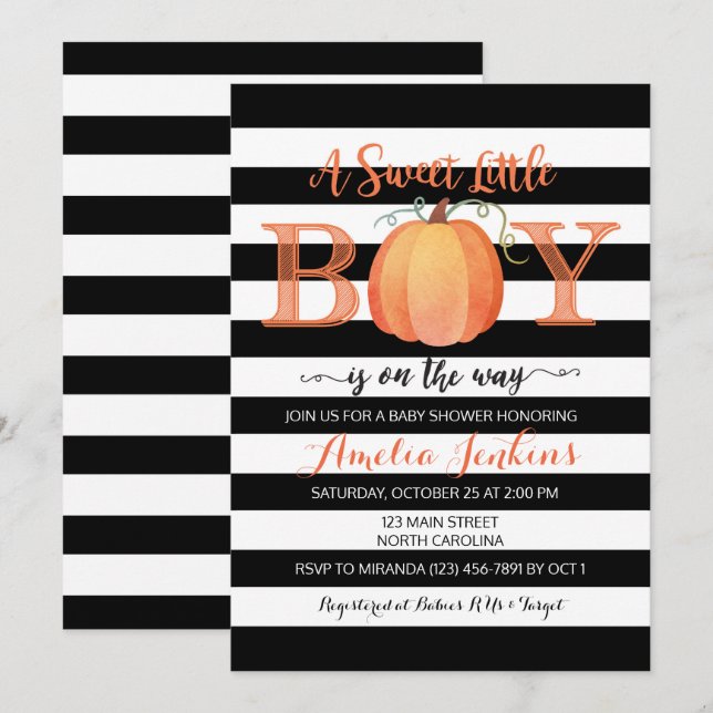 Invitación de Baby Shower de Little Boy Pumpkin Fa (Anverso / Reverso)