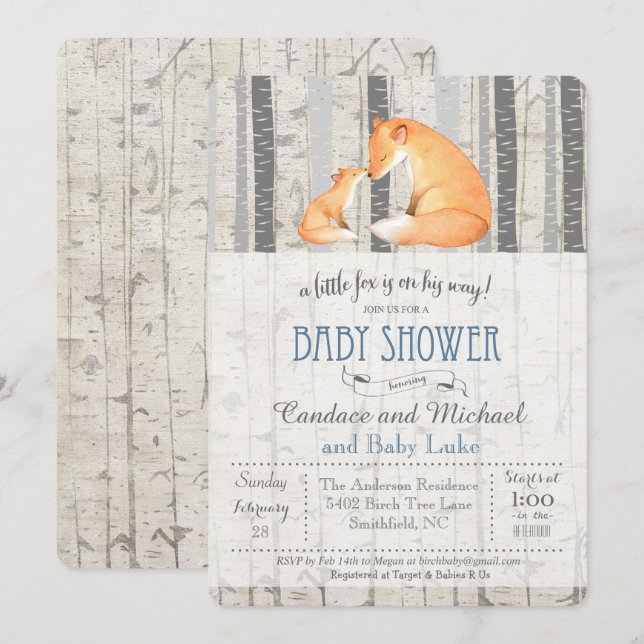 Invitación de Baby Shower de Little Fox Abedul (Anverso / Reverso)