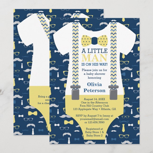 Invitación de Baby Shower de Little Man, amarillo, (Anverso / Reverso)
